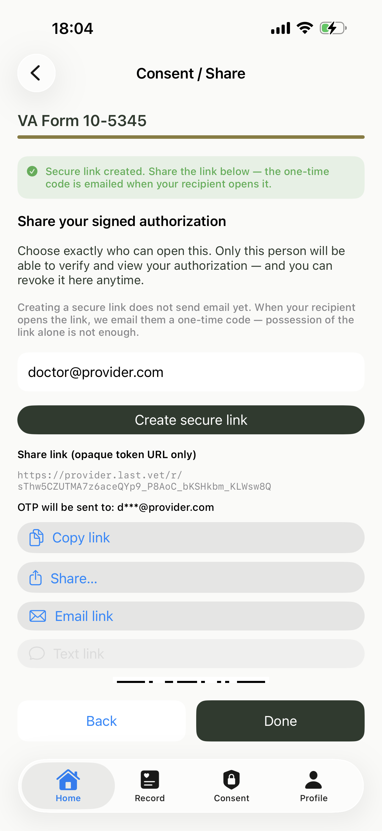 LastVet provider view of a veteran's consented secure link delivery